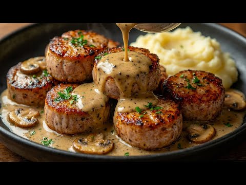 I make them for every party! Tender pork loin in creamy sauce with mushrooms!