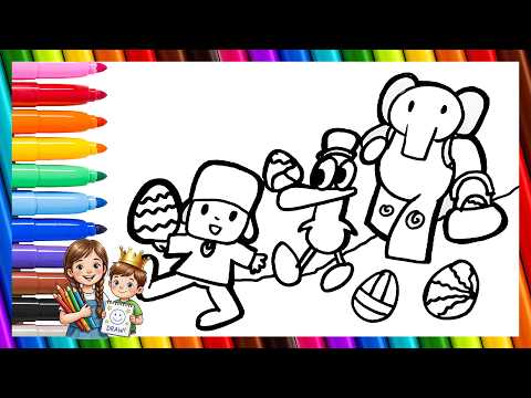 Let's go to Draw and Color Pocoyó and His Friends for Easter 👶🐰🥚🎨👧🐘🦆 Drawings for Kids