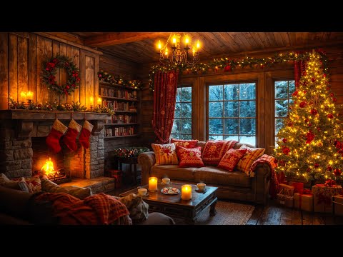 Calming Christmas Music on a Snowy Day with Crackling Fireplace - Cozy Christmas Hut for Relaxation