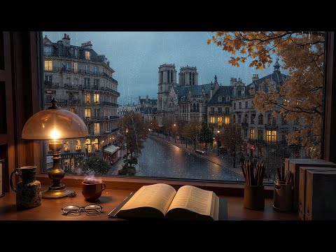 Paris Evening Rain Ambience with Warm Jazz🍂 Distant Thunder & Smooth Sounds for Study, Focus & Relax