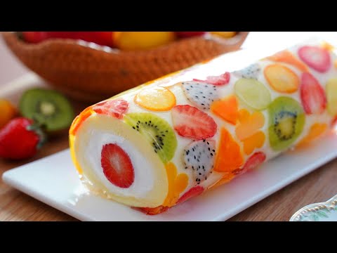 Beautiful Fruit Jelly Roll cake. 🍓🥝🍊🍋🥭🍇 / Cup measure