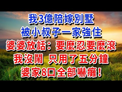 我3億陪嫁別墅，被小叔子一家強住，婆婆放話：要麼忍要麼滾，我沒鬧 只用了五分鐘，婆家8口全部嚇癱！#書婷講故事 #為人處世#生活經驗#情感故事#晚年哲理#說故事#完結文