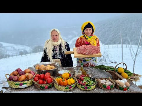 Rice Stuffed with Juicy Meatballs Over Wood Fire | Snowy Village Cooking!
