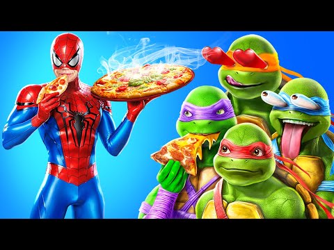 My NEW parents are Superheroes! Teenage Mutant Ninja Turtles, Spider-Man vs. Mammy Long Legs!