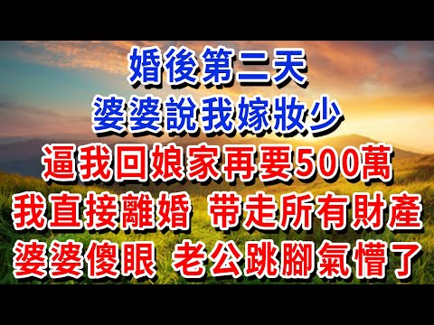 婚後第二天，婆婆說我嫁妝少，逼丈夫讓我回娘家再要500萬，我直接離婚分走自己財產，當天婆婆老公全傻眼了