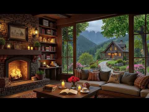 Rainy Spring Coffee Shop ☕ Gentle Jazz Piano & Fireplace Sounds for Study & Focus