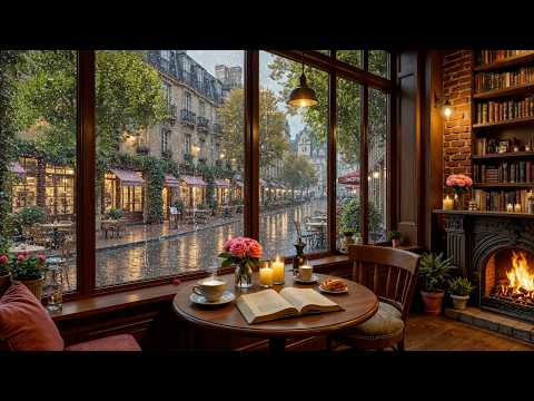 Relaxing Coffee Shop Ambience ☕ Spring Rain, Smooth Jazz Piano & Cozy Fireplace for Focus & Sleep