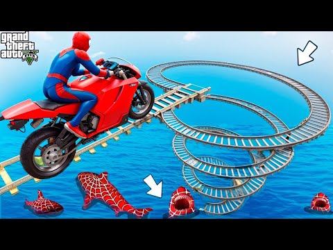الأبطال الخارقين على القضبان دوامة قمع جسر 🏍️🐱‍SPIDER MAN!on Motorcycle in Spiral Bridge Stunt Ri