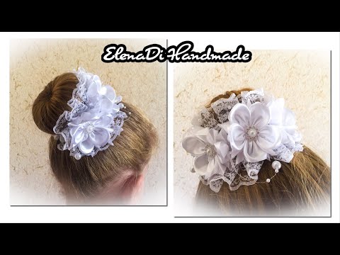 Белая резинка на пучок,гульку из атласных лент и кружева\ Канзаши\Канзаши на пучок