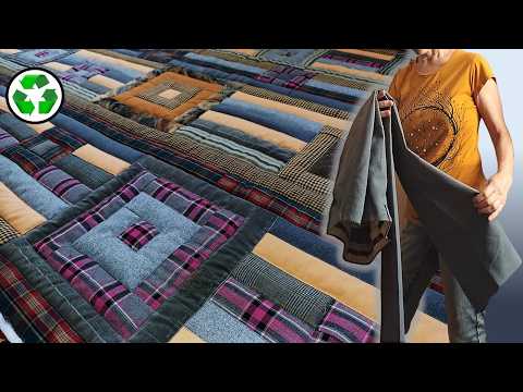Patchwork quilt from old clothes. New quilt from old men's trousers. I sew only from strips.