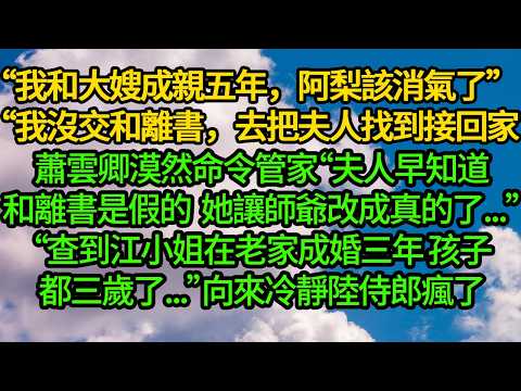 “我和大嫂成親五年，阿梨該消氣了”“我沒交和離書，去把夫人找到接回家”蕭雲卿漠然命令管家“夫人早知道和離書是假的，她讓師爺改成真的了...”“查到江小姐在老家成婚三年，孩子都三歲了...”探花郎瘋了
