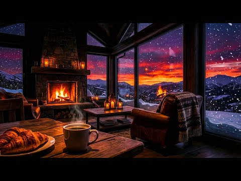 Cozy Winter Sunset 🌅 Jazz, Coffee & Fireplace Ambience ☕️ [4K]