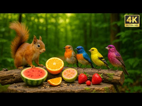 Cat TV for Cats to Watch 🐦 Squirrel & Birds Enjoy Fruit Buffet in 4K!