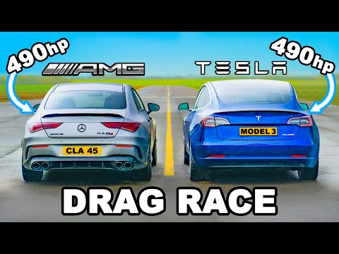 490hp AMG CLA 45 v Tesla Model 3 Performance: DRAG RACE