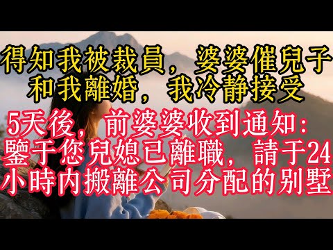 得知我被裁員，婆婆催兒子和我離婚，我冷靜接受。 5天后，前婆婆收到通知：鑑於您媳婦已離職，請於24小時內搬離公司分配的別墅