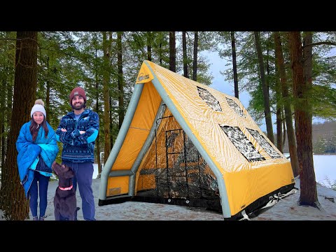 Winter Camping In Inflatable A-Frame Cabin
