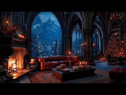 Gothic Winter Study Room | Relaxing Piano & Cello |Dark Academia Christmas Ambience & Cozy Fireplace