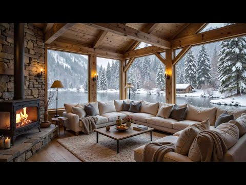 Quiet Winter at Cozy Cabin Ambience with Soft Piano Music, Warm Fireplace & Gentle Snowy 🔥❄️