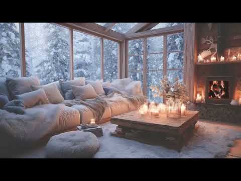 🕯️❄️ Peaceful Snow Piano Lounge Fireplace Ambience | White Flower Room for Deep Sleep Calm