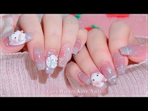 sub) Cozy Winter, Kitty Nails!❄️🎀/🇰🇷Korean Nails / Make Kitty with Embo Gel! / Nail Tutorial / asmr