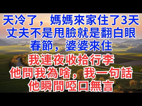 天冷了，媽媽來家住了3天，丈夫不是甩臉就是翻白眼，春節，婆婆來住，我連夜收拾行李，他問我為啥，我一句話，他瞬間啞口無言！#為人處世#生活經驗#情感故事#戀愛#情感#婚姻#人生感悟#故事分享#完結文