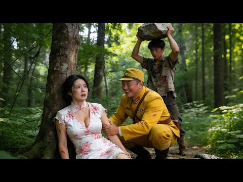 Japanese soldiers harass a woman in the forest; a hunter appears and smashes the officer with a rock