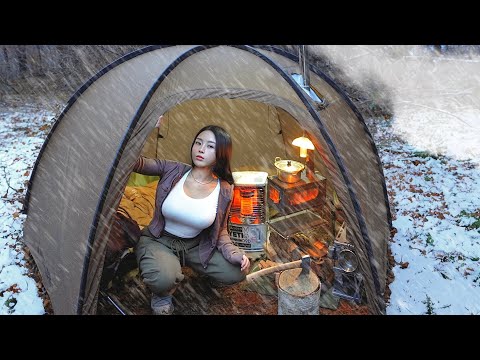 FIRST SNOW CAMPING IN HOT TENT IN A SNOWY FOREST ❄️ WOOD STOVE 🔥 CAMPING ASMR