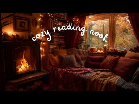Cozy Fall Ambience 🧡 Reading Nook with Fireplace and Falling Leaves 🍁