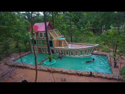 Building modern boat villa house & Swimming Pool ad boat