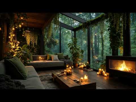 Rainy Night at Cozy Forest Cabin 🌲 Smooth Jazz & Fireplace Sounds for Deep Sleep & Insomnia