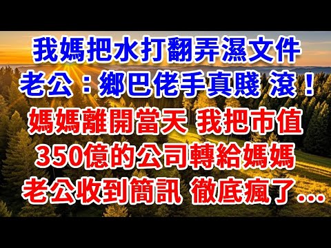 我媽把水打翻弄濕文件，老公：鄉巴佬手腳真賤，滾！媽媽離開當天，我把市值350億的公司轉給媽媽，老公收到簡訊 徹底瘋了。#思妤說故事#為人處世#生活經驗#情感故事#晚年哲理#說故事#完結文#原創故事
