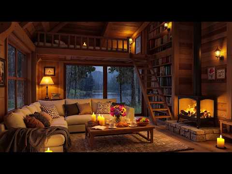 Cozy Cabin Ambience on a Rainy Night - Warm Jazz Piano, Fireplace & Rain Sounds for Sleep & Relax