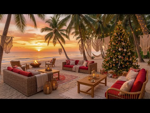 Smooth Jazz Music & Fireplace Sounds  🌊 Cozy Beach Christmas Ambience | Relax, Sleep, Study