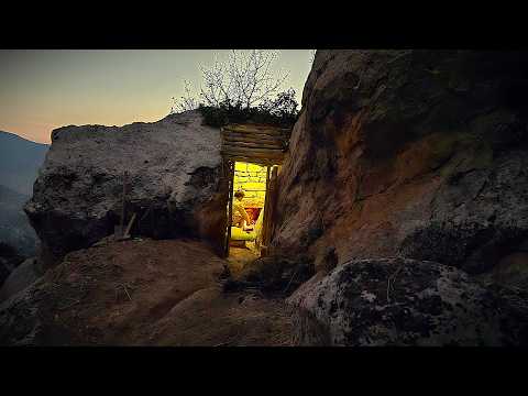 Cozy and Comfort Stone Shelter Between two Rocks in The Rain | Bushcraft Survival Camping