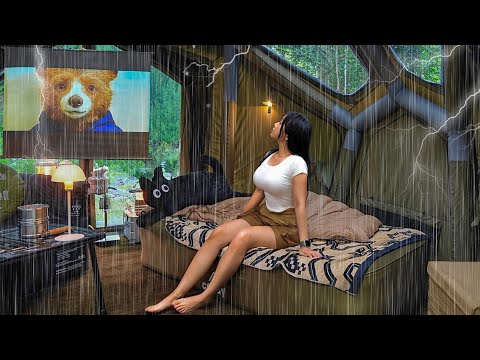 24H CAMPIN IN THE RAIN 🌧️ IN INFLATABLE TENT . HEAVY RAIN . CAMPING ASMR .