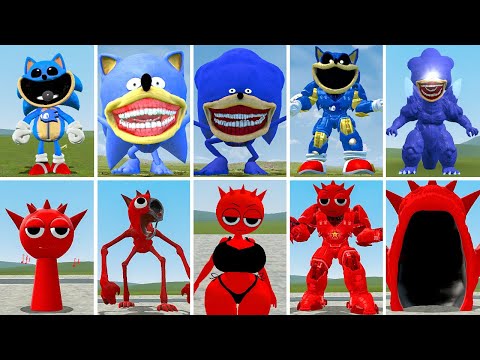 ALL SONIC GODZILLA BLUES VS ALL SPRUNKI RED MIS RED FAMILY ? in Garrysmod!,...