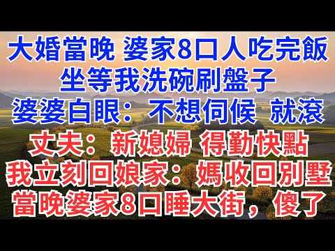 大婚當晚，婆家8口人吃完飯坐等我洗碗刷盤子，婆婆白眼：不想伺候，就滾！丈夫：新媳婦得勤快點！我立刻回娘家：媽收回別墅，當晚婆家8口睡大街，傻了！#為人處世#情感#情感故事#生活經驗#人生感悟#正能量