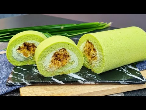 班兰瑞士蛋糕卷食谱Pandan Swiss Roll Recipe|不开裂毛巾面,天然绿No Crack Towel Cake Roll,Natural Green椰丝馅Coconut Filling