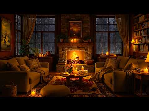 Cozy Reading Nook Ambience 🔥 Soft Jazz with Gentle Night Rain & Fireplace Sounds to Study, Sleep