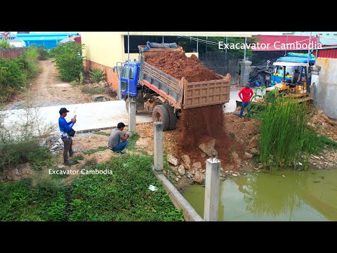 Amazing Best Mini Trucks Unloading Soil And Small Dozer Mitsubishi Pushing Landfill In Pond 7 X 27m