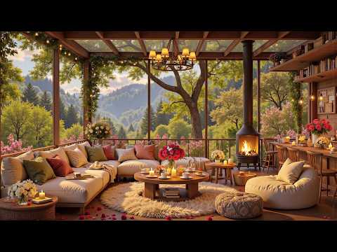 Cozy Sunny Forest Café Ambience 🌲🔥 Soft Jazz Music and Crackling Fire for Work, Study & Relax