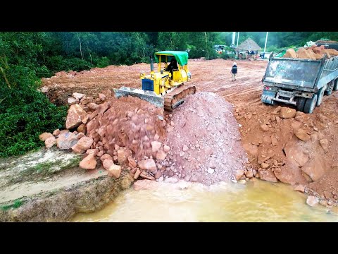 Nicely Background View! Best Dozer Working With Large Size Land Fill Around Drainage Sewer System