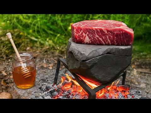 Ribeye Steak on Hot Stone | Bushcraft Cooking with Garlic Bread & Smoked Whiskey