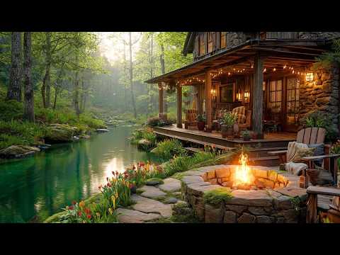 Cozy Spring River Cabin Porch 🌿🔥 Campfire Crackle + Flowing Water Sounds for Deep Sleep