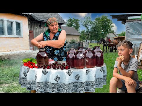 Life elderly couple in the Carpathian valley. Grandma preserves compote for the winter