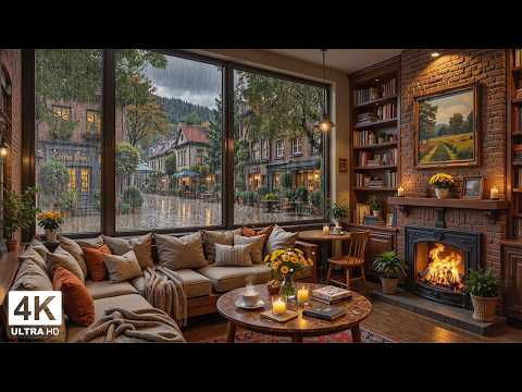 Cozy April Rainy Coffee Shop ☕ Gentle Jazz Piano, Crackling Fireplace Ambience for Study & Work