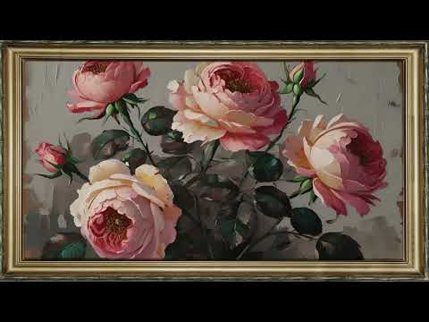 FRAMED TV ART VINTAGE ROSES SCREENSAVER BACKGROUND FLORAL PAINTING NO MUSIC WALLPAPER 4K