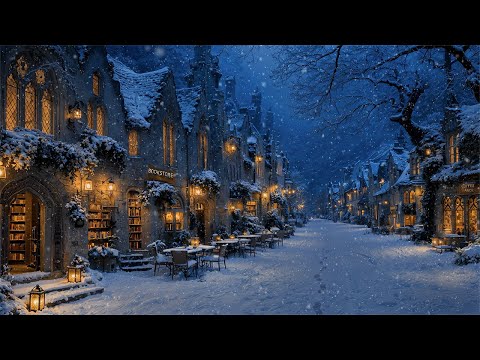Walking Past a Gothic Bookstore Cafe on a Snowy Old European Street | Dark Academia Winter Music