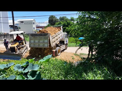 Full Processing Filling Up The Land huge, By Bulldozer KOMATSU D31P & Dump Truck unloading
