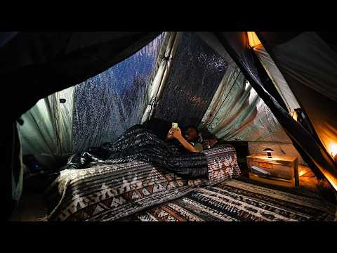 MASSIVE Rain Hit My GIANT Air Tent ⛈️ Cozy Heavy Rain Camping with Luxury Tent - Long Rain 🌧️